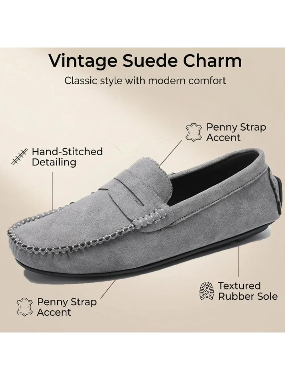 Men's Grey Suede Penny Loafers Slip-On Driving Moccasins Casual Flat Shoes